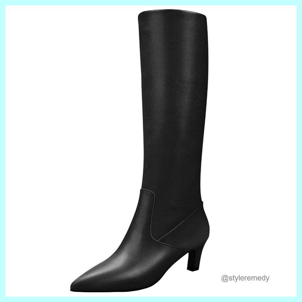 Faux Leather Knee High Boots Block Heel Pointed Toe Side Zipper Wide Calf